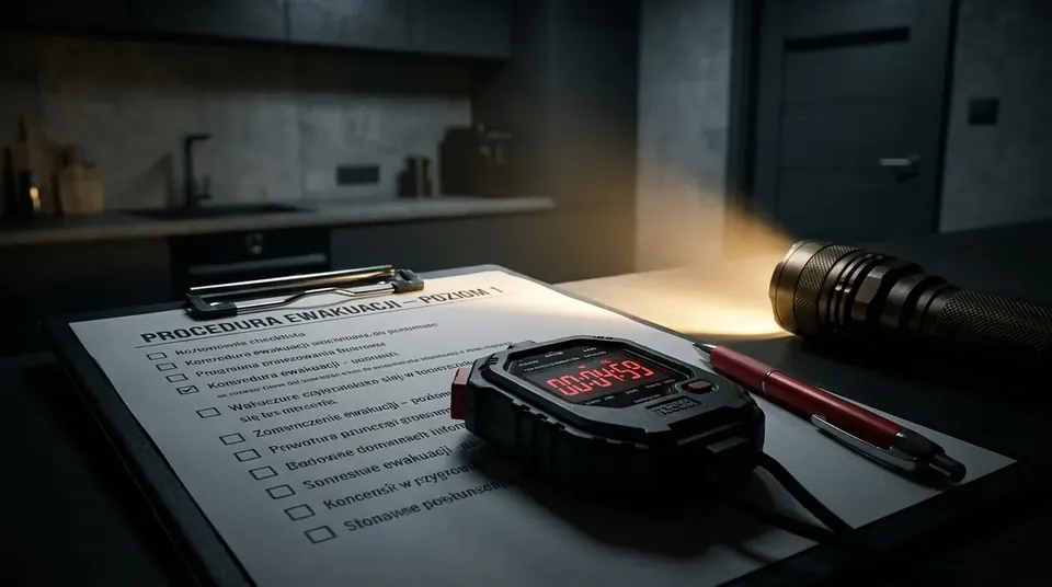 Podkładka z listą kontrolną, stoper i latarka na blacie w przyciemnionej kuchni
